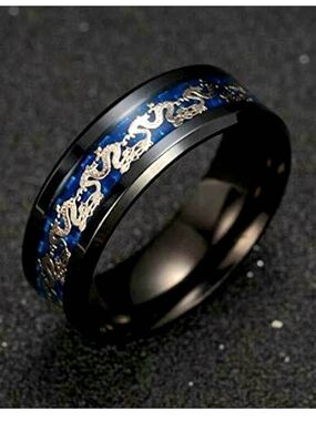 Black Tungsten Ring with Blue Inlay and Dragon Pattern